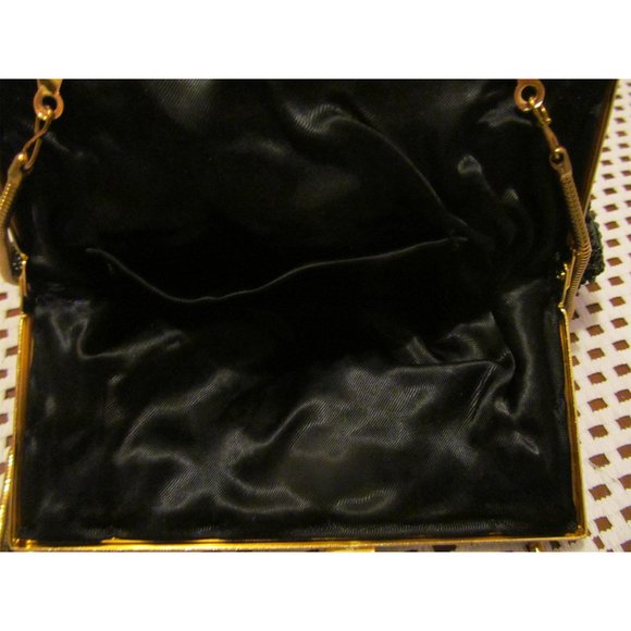 Retro Vintage Black Satin Beaded Clamshell Evening Clutch/Purse/Hand Bag - Picture 4 of 9